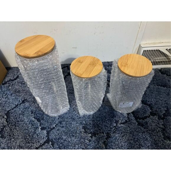 Brand New Set of 3 Clear Glass Kitchen Storage Jars With Wooden Lids 11" & 8" - Picture 2 of 5